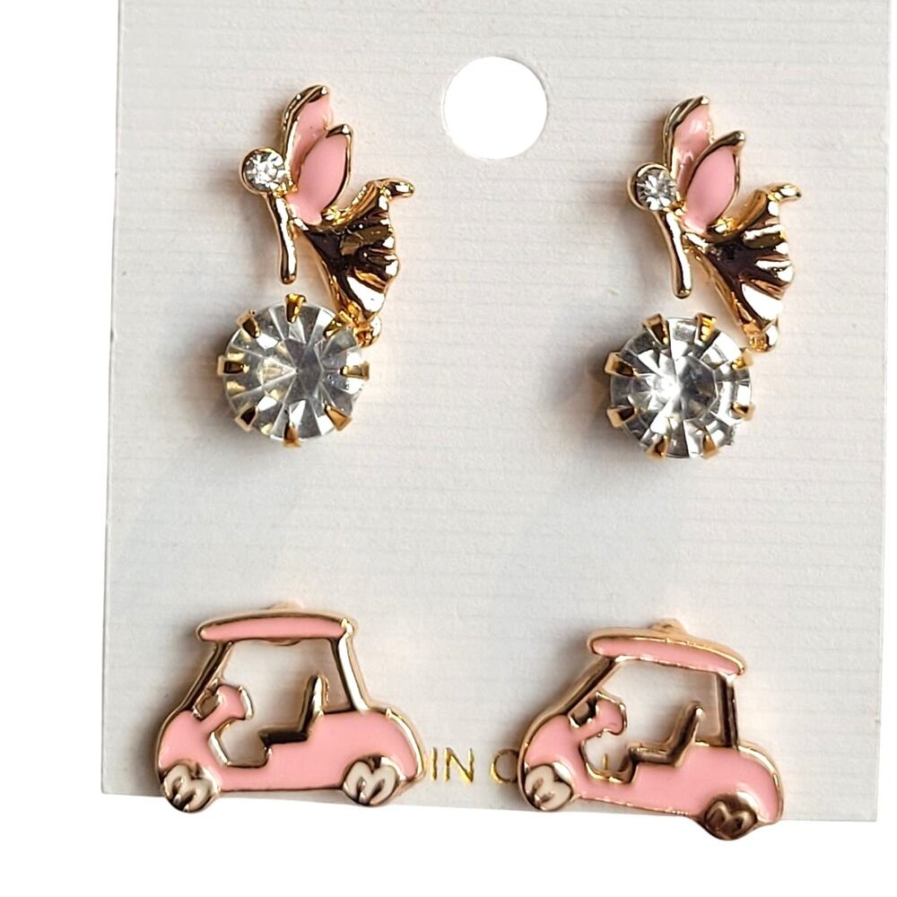 Pink Fairy & Golf Cart Stud Earrings Set w/ Rhinestones 2 Pairs + Free Gift Bag